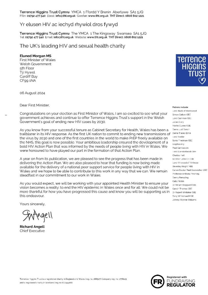 A letter written from Terrence Higgins Trust to Eluned Morgan.