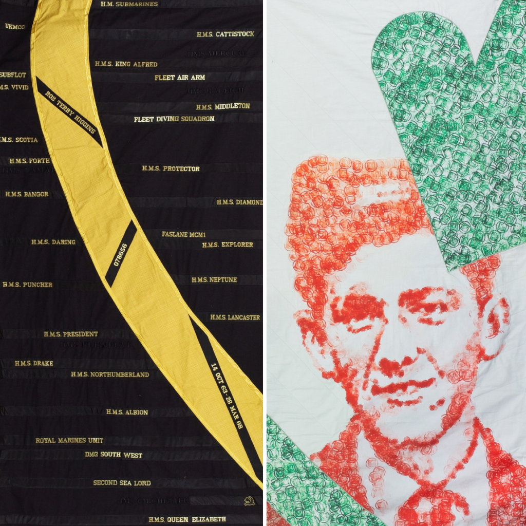 Panel 3 of the quilt in black and yellow, representing Terry's time in the navy, and panel 4, a painting of Terry using red, white and green stamps.