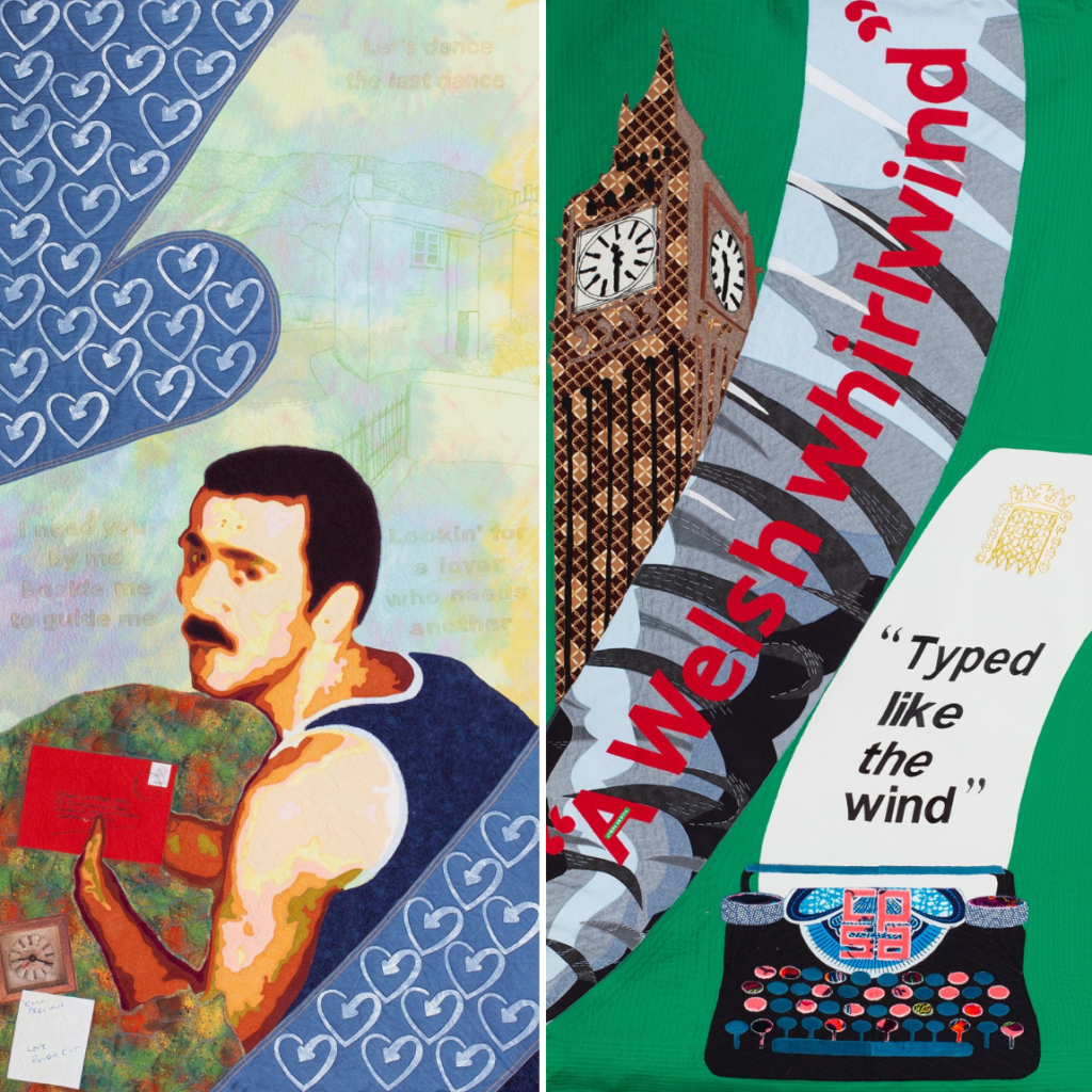 Panel 5 of the Quilt (Rupert Whitaker's tribute), showing Terry holding a red envelope, and panel 6 (representing Hansard), showing a typewriter and the Houses of Parliament.
